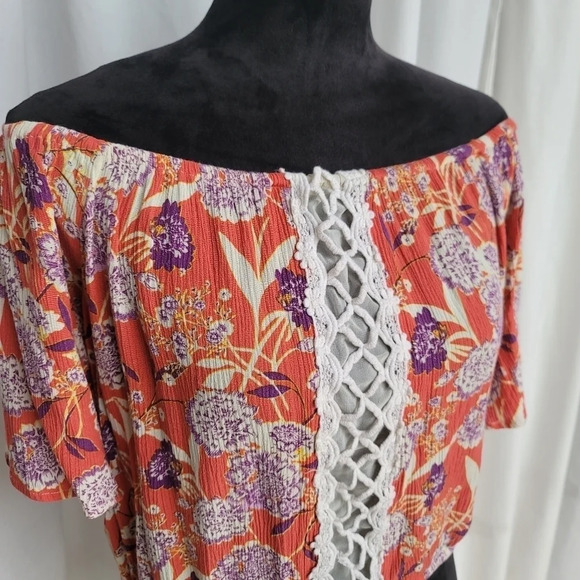 Women's Miss Me Beige Floral Boho Relaxed Cropped Top Open Shoulder Viscose XS - Picture 9 of 12